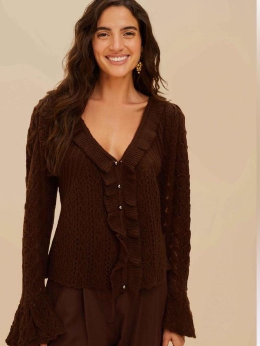 FARM Rio Chocolate Brown Ruffle Cable-Knit Cardigan - Picture 2 of 7
